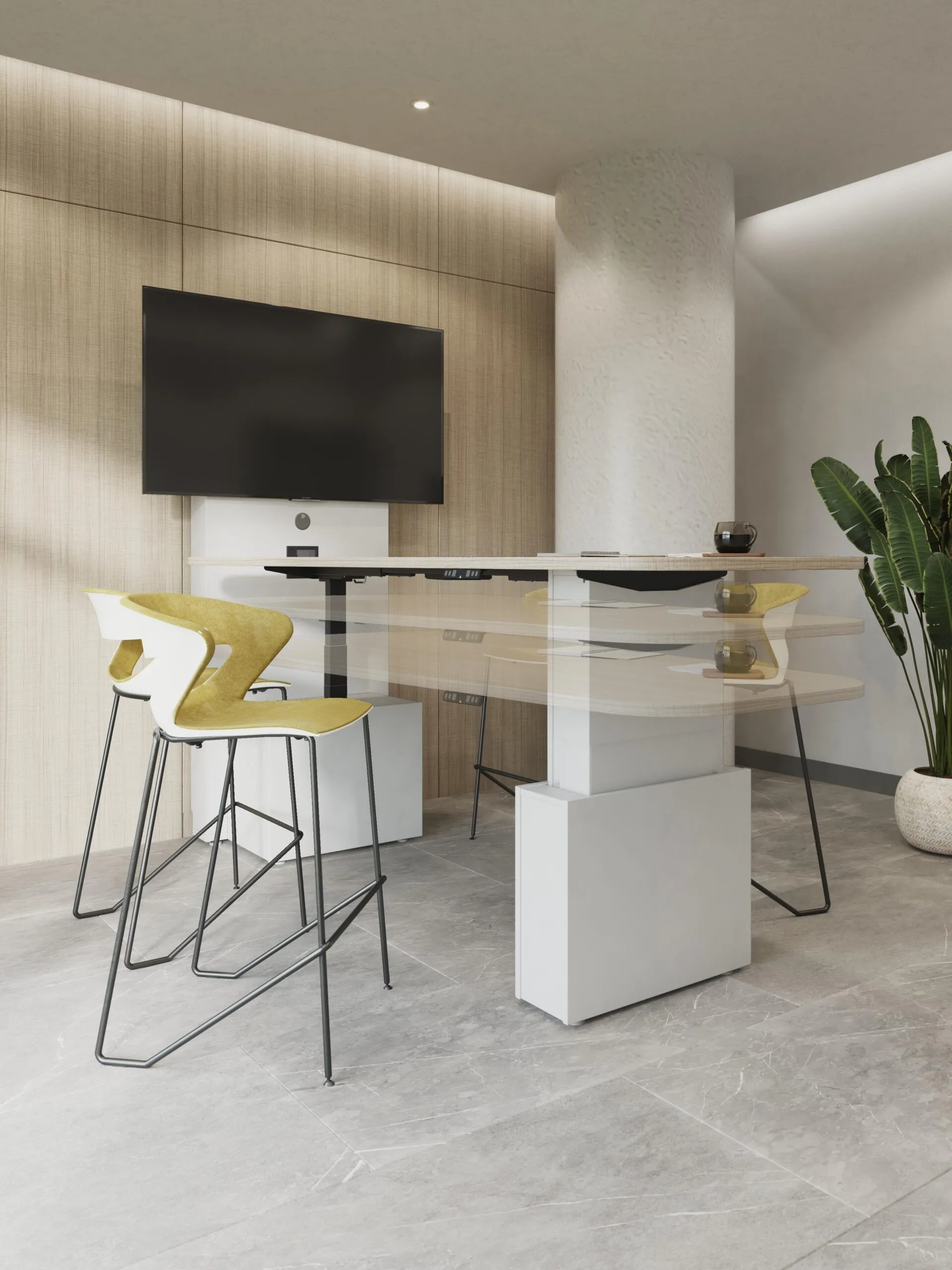 Fotografía de mesas de altura ajustable color beige con sillas color amarillo frente a una televisiòn.