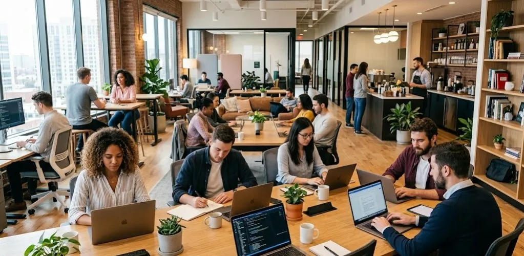 Fotografía de un grupo grande de personas sentadas en escritorios en un espacio de coworking con plantas.