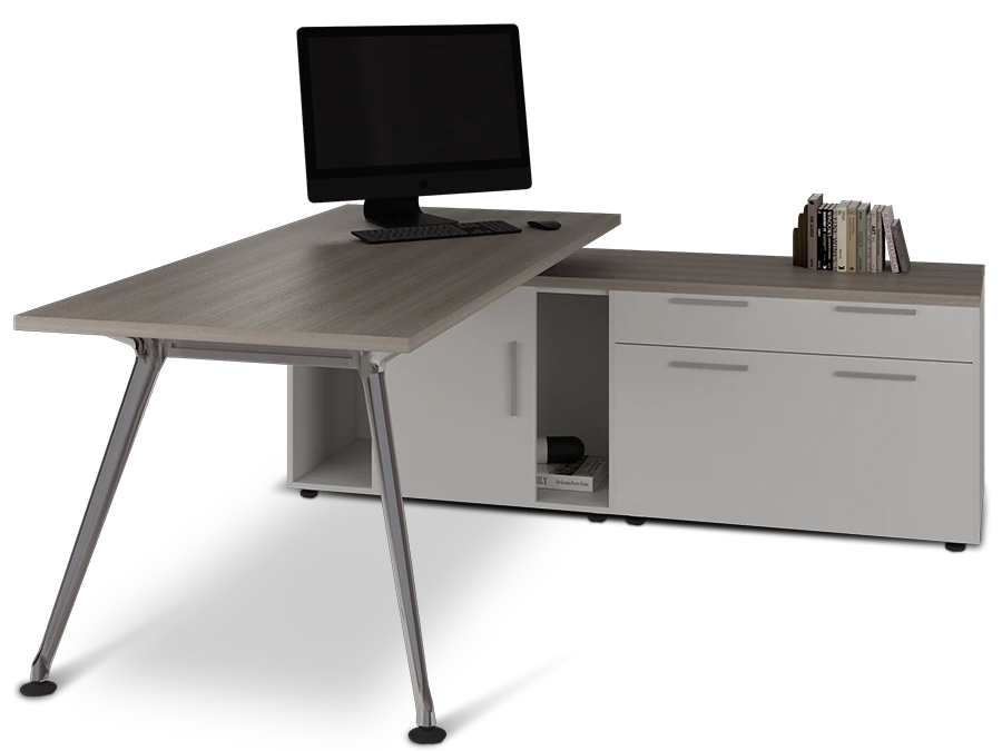 Fotografía de un conjunto ejecutivo color gris claro que es parte del mobiliario de oficina de la marca Office Class.Fotografía de un conjunto ejecutivo color gris claro que es parte del mobiliario de oficina de la marca Office Class.