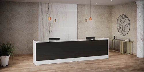 Mobiliario de oficina: fotografía de frente de mueble de recepción rectangular color negro con contornos color blanco. Crea una primera impresión de impacto con nuestra línea de mobiliario para recepciones. Complementa estos espacios con mesas de centro que combinan funcionalidad y diseño, ideales para elevar el diseño de oficinas y ofrecer una espera cómoda a tus visitantes.