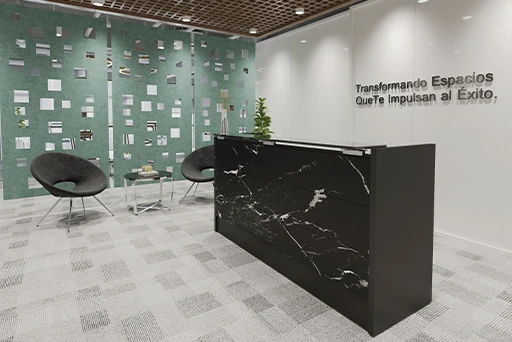 Mobiliario de oficina: fotografía de mueble de recepción rectangular color negro y a lado sillas redondas color negro.