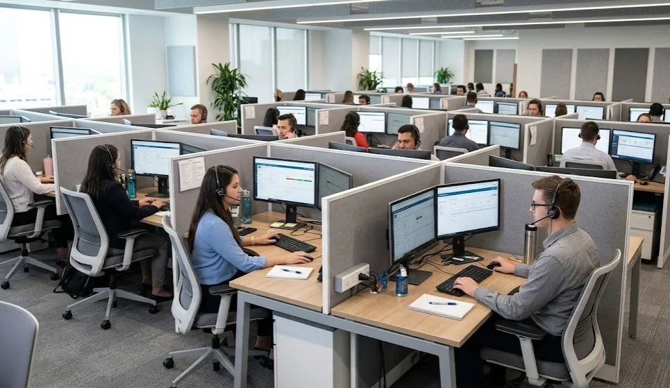Fotografía de personal de una empresa utilizando mobiliario para call center profesional color gris claro.