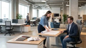 Mobiliario de oficina para proyectos corporativos: Fotografía de una arquitecta y un cliente revisando planos sobre un escritorio de madera en una oficina abierta.