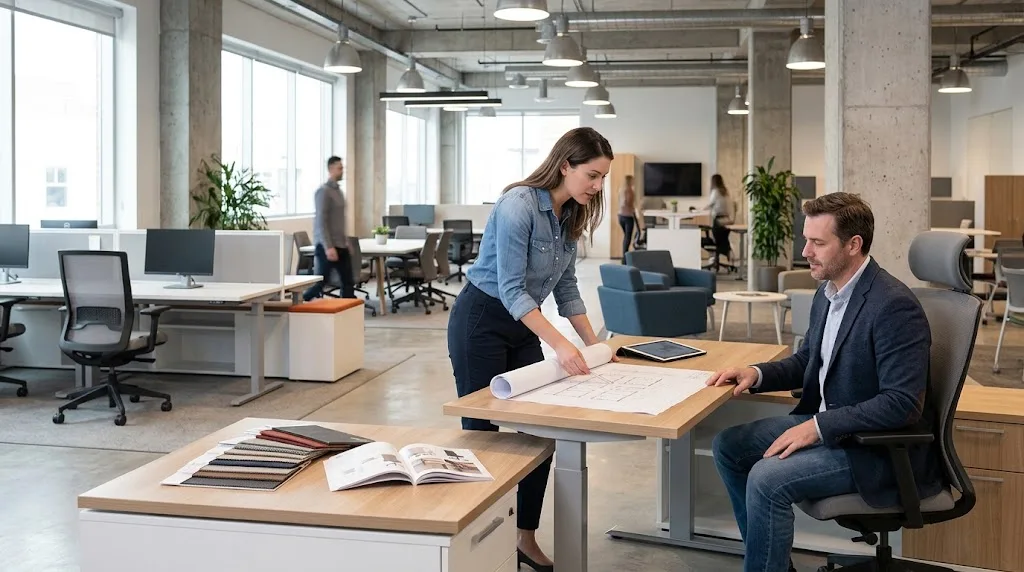 Mobiliario de oficina para proyectos corporativos: Fotografía de una arquitecta y un cliente revisando planos sobre un escritorio de madera en una oficina abierta.