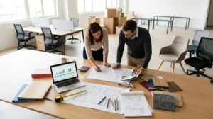 Presupuesto para amueblar una oficina: Fotografía de dos personas revisando planos, muestras de materiales y una laptop con gráficas en una oficina en proceso de equipamiento.