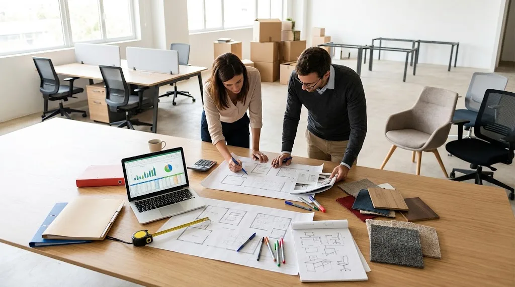 Presupuesto para amueblar una oficina: Fotografía de dos personas revisando planos, muestras de materiales y una laptop con gráficas en una oficina en proceso de equipamiento.