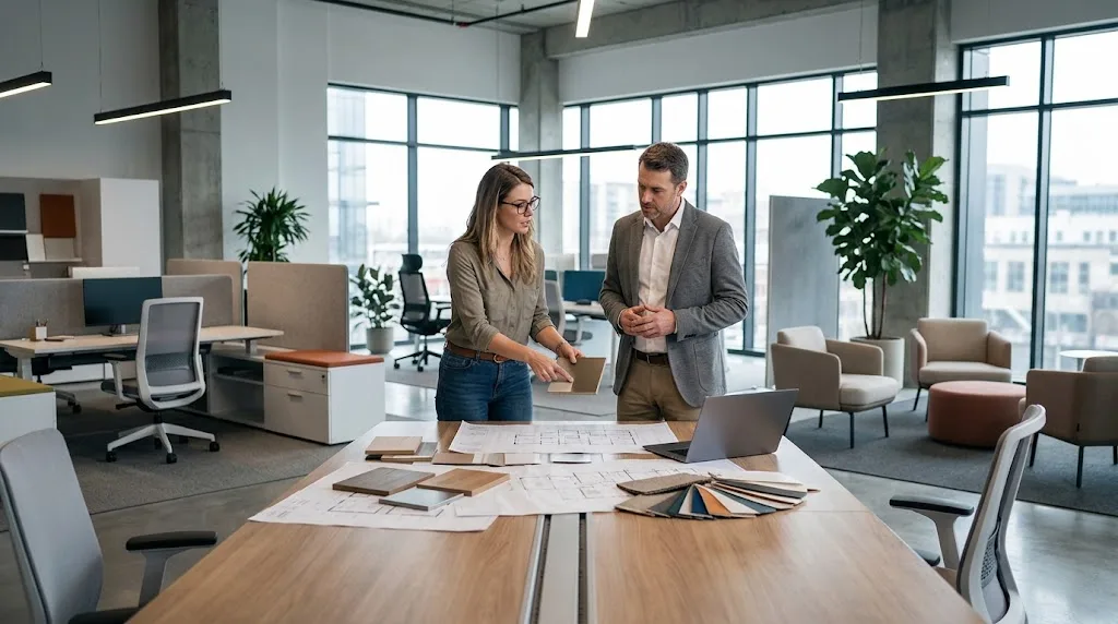 Mobiliario corporativo para arquitectos e interioristas: Fotografía de dos profesionales revisando planos y muestras de acabados sobre una mesa de juntas de madera.